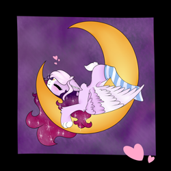 Size: 2500x2500 | Tagged: safe, artist:lullam0on, derpibooru import, oc, oc only, oc:lullaby, pegasus, pony, clothes, crescent moon, ears, eyes closed, female, floppy ears, heart, mare, moon, paws, pegasus oc, sleeping, socks, solo, striped socks, tangible heavenly object, transparent moon, two toned wings, wings