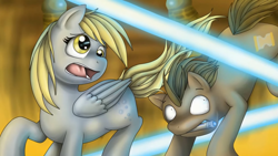 Size: 1914x1080 | Tagged: artist needed, safe, derpibooru import, derpy hooves, doctor whooves, earth pony, pegasus, pony, badass, crossover, dalek, doctor who, dodge, exterminate, fight, laser, scared, sonic screwdriver, the doctor