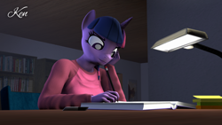 Size: 1920x1080 | Tagged: safe, artist:kenaga, derpibooru import, twilight sparkle, anthro, plantigrade anthro, 3d, bedroom, book, bookshelf, female, nexgen, solo, source filmmaker, studying