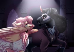 Size: 2048x1433 | Tagged: safe, derpibooru import, fluttershy, king sombra, pegasus, pony, umbrum, unicorn, clothes, female, looking at each other, male, mare, mask, phantom of the opera, shipping, sombrashy, stallion, straight