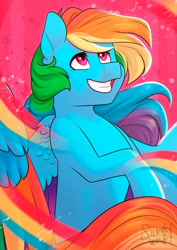 Size: 2480x3507 | Tagged: safe, artist:silentwolf-oficial, derpibooru import, part of a set, rainbow dash, pegasus, pony, abstract background, female, mare, rainbow, rearing, smiling, solo