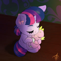 Size: 1600x1600 | Tagged: safe, artist:tillie-tmb, derpibooru import, spike, twilight sparkle, dragon, pony, baby, baby dragon, baby spike, cute, female, filly, filly twilight sparkle, male, mama twilight, mother and child, mother and son, parent and child, spikabetes, spikelove, twiabetes, weapons-grade cute, younger