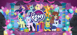 Size: 1666x768 | Tagged: safe, derpibooru import, fluttershy, gallus, ocellus, princess twilight 2.0, rarity, sandbar, silverstream, smolder, twilight sparkle, twilight sparkle (alicorn), yona, alicorn, changeling, dragon, earth pony, griffon, hippogriff, pegasus, pony, unicorn, the last problem, armor, balloon, dragoness, female, gameloft, guard armor, loading screen, my little pony logo, official, older, older fluttershy, older gallus, older ocellus, older rarity, older sandbar, older silverstream, older smolder, older student six, older twilight, older twilight sparkle (alicorn), older yona, present, royal guard, royal guard gallus, student six, video game