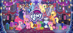 Size: 1666x768 | Tagged: safe, derpibooru import, applejack, fluttershy, li'l cheese, luster dawn, pinkie pie, princess twilight 2.0, rainbow dash, rarity, twilight sparkle, twilight sparkle (alicorn), alicorn, earth pony, pegasus, pony, unicorn, the last problem, bipedal, christmas, christmas lights, gameloft, granny smith's shawl, holiday, loading screen, mane six, my little pony logo, official, older, older applejack, older fluttershy, older mane six, older pinkie pie, older rainbow dash, older rarity, older twilight, present, rearing, video game