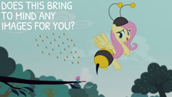 Size: 1280x720 | Tagged: safe, derpibooru import, edit, edited screencap, editor:quoterific, screencap, fluttershy, seabreeze, bee, breezie, insect, pegasus, pony, it ain't easy being breezies, season 4, animal costume, bee costume, clothes, costume, female, flutterbee, flying, mare, open mouth, tree