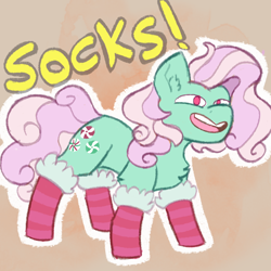 Size: 1000x1000 | Tagged: safe, artist:apatheticxaddict, derpibooru import, minty, earth pony, pony, a very minty christmas, chest fluff, clothes, cute, ear fluff, ears, female, mintabetes, open mouth, simple background, socks, solo, stockings, striped socks, text, that pony sure does love socks, thigh highs