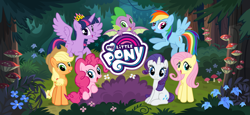 Size: 1666x768 | Tagged: safe, derpibooru import, applejack, fluttershy, pinkie pie, rainbow dash, rarity, spike, twilight sparkle, twilight sparkle (alicorn), alicorn, dragon, earth pony, pegasus, pony, unicorn, female, gameloft, loading screen, mane seven, mane six, mare, my little pony logo, official