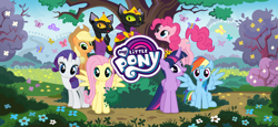 Size: 1666x768 | Tagged: safe, derpibooru import, idw, abyssinian king, abyssinian queen, applejack, fluttershy, pinkie pie, rainbow dash, rarity, twilight sparkle, twilight sparkle (alicorn), abyssinian, alicorn, butterfly, cat, earth pony, pegasus, unicorn, crown, gameloft, jewelry, loading screen, mane six, my little pony logo, official, regalia, video game