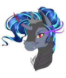 Size: 1727x2048 | Tagged: safe, artist:eperyton, derpibooru import, oc, oc only, pony, unicorn, bust, curved horn, fangs, horn, magical gay spawn, male, offspring, parent:king sombra, parent:shining armor, parents:shiningsombra, signature, simple background, solo, sombra eyes, stallion, unicorn oc, white background