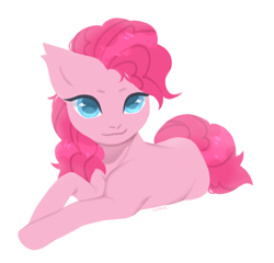 Size: 2028x1944 | Tagged: safe, artist:sannoe, derpibooru import, pinkie pie, earth pony, pony, female, looking at you, lying down, mare, ponk, prone, simple background, smiling, smiling at you, solo, white background