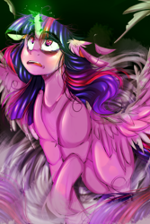 Size: 2000x3000 | Tagged: safe, artist:chrysgalaxy, derpibooru import, twilight sparkle, twilight sparkle (alicorn), alicorn, pony, ear fluff, ears, female, glowing horn, horn, looking up, mare, solo, wings