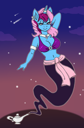 Size: 658x1000 | Tagged: safe, artist:vampiralady, derpibooru import, oc, oc only, oc:parcly taxel, anthro, unicorn, albumin flask, bra, bracelet, clothes, collar, commission, ear piercing, earring, floating, genie, horn, horn ring, jewelry, lamp, magic lamp, midriff, night, piercing, ring, smiling, solo, stars, underwear, waistband, wingless, ych result