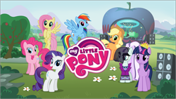 Size: 1922x1082 | Tagged: safe, derpibooru import, applejack, coloratura, fluttershy, pinkie pie, rainbow dash, rarity, twilight sparkle, twilight sparkle (alicorn), alicorn, countess coloratura, gameloft, loading screen, my little pony logo, official, speakers, stage, video game