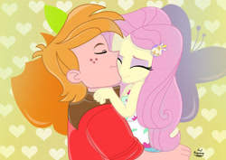 Size: 3508x2480 | Tagged: safe, artist:dashdeviant, derpibooru import, big macintosh, fluttershy, butterfly, equestria girls, apple, eyes closed, female, fluttermac, food, freckles, heart, hug, male, shipping, straight