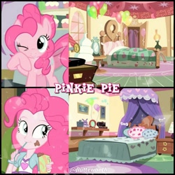 Size: 1080x1080 | Tagged: safe, derpibooru import, edit, edited screencap, editor:flutteriaeth, screencap, pinkie pie, earth pony, pony, equestria girls, rainbow rocks, bedroom, cute, diapinkes, drinking, female, mare, one eye closed, open mouth, smiling, solo, sugarcube corner