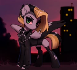 Size: 2848x2568 | Tagged: safe, artist:vensual99, derpibooru import, oc, oc only, oc:tlen borowski, pegasus, pony, city, clothes, ear piercing, earring, female, jacket, jewelry, leather jacket, mare, piercing, ripped stockings, solo, spread wings, stockings, thigh highs, torn clothes, twilight (astronomy), two toned wings, wings