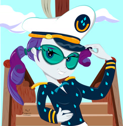 Size: 1631x1670 | Tagged: safe, artist:dashdeviant, derpibooru import, rarity, equestria girls, ppov, alternate hairstyle, bowtie, cap, captain rarity, hat, hat tip, looking at you, ponytail, smiling, smiling at you, sunglasses