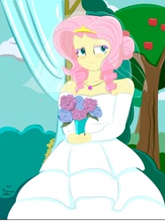 Size: 768x1031 | Tagged: safe, artist:dashdeviant, derpibooru import, fluttershy, equestria girls, apple, apple tree, bouquet, clothes, dress, flower, food, jewelry, necklace, solo, tiara, tree, wedding dress, wedding veil