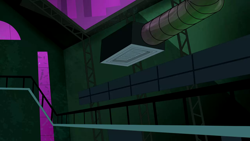 Size: 1280x720 | Tagged: safe, derpibooru import, screencap, power ponies (episode), season 4, background, factory, liminal space, maretropolis, night, no pony, scenic ponyville, vent, warehouse