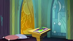 Size: 1280x720 | Tagged: safe, derpibooru import, screencap, mane-iac, power ponies (episode), season 4, background, castle of the royal pony sisters, comic book, liminal space, no pony, pedestral, pillow, power ponies, scenic ponyville, stained glass