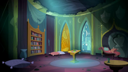 Size: 1280x720 | Tagged: safe, derpibooru import, screencap, power ponies (episode), season 4, background, book, bookshelf, castle of the royal pony sisters, comic book, liminal space, no pony, pedestral, pillow, power ponies, scenic ponyville