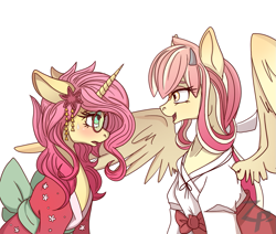 Size: 1207x1024 | Tagged: safe, artist:zombies-pudding, artist:zombiespudding, derpibooru import, oc, oc only, oc:ammy lee, oc:sakura, pegasus, pony, unicorn, blushing, clothes, glasses, hair accessory, horns, kimono (clothing), open mouth, shirt, simple background, sweat, sweatdrop, white background