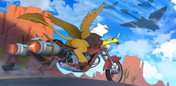 Size: 2530x1246 | Tagged: safe, artist:yakovlev-vad, derpibooru import, oc, griffon, stingray, cactus, chase, clothes, cloud, desert, futuristic, griffon oc, hoverbike, jacket, not gilda, patreon, patreon reward, sky, solo, spread wings, wings