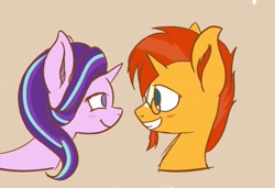 Size: 3727x2556 | Tagged: safe, artist:simplesample_, derpibooru import, starlight glimmer, sunburst, pony, unicorn, blushing, bust, cute, female, glimmerbetes, grin, high res, looking at each other, male, mare, portrait, shipping, simple background, smiling, smiling at each other, stallion, starburst, straight, sunbetes