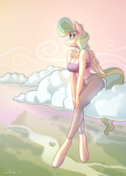 Size: 1595x2232 | Tagged: safe, artist:dandy, derpibooru import, vapor trail, anthro, pegasus, unguligrade anthro, breasts, cleavage, clothes, cloud, eye clipping through hair, eyebrows, eyebrows visible through hair, female, mare, midriff, pants, smiling, solo, sports bra, sweatpants, tube top, wings
