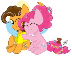 Size: 1217x975 | Tagged: safe, artist:sugarcloud12, derpibooru import, cheese sandwich, pinkie pie, pony, cheesepie, female, hug, male, older, shipping, simple background, straight, transparent background