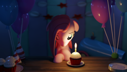 Size: 3840x2160 | Tagged: safe, artist:xppp1n, pinkie pie, earth pony, pony, party of one, 3d, balloon, blender, blender cycles, candle, cupcake, ears, female, floppy ears, garland, mare, party cannon, party hat, pinkamena diane pie, plate, sad, solo