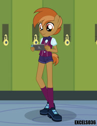 Size: 612x792 | Tagged: safe, artist:excelso36, button mash, anthro, equestria girls, bowtie, canterlot high, clothes, crystal prep academy uniform, lockers, nintendo switch, playing, school, school uniform, shoes, socks, solo, switch, video game