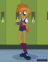 Size: 612x792 | Tagged: safe, artist:excelso36, button mash, anthro, equestria girls, canterlot high, clothes, crystal prep academy uniform, lockers, playing, school, school uniform, shoes, socks, solo, switch, video game