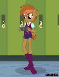 Size: 612x792 | Tagged: safe, artist:excelso36, button mash, anthro, equestria girls, bowtie, canterlot high, clothes, crystal prep academy uniform, lockers, playing, school, school uniform, socks, solo, stocking feet, switch, video game