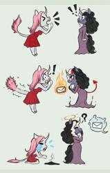 Size: 520x820 | Tagged: safe, artist:askbubblelee, oc, oc only, oc:rosie quartz, oc:starling quartz, anthro, unguligrade anthro, anthro oc, burning, clothes, comic, crying, devil horns, devil tail, digital art, dress, envelope, female, laughing, mare, mother and child, mother and daughter, parent and child