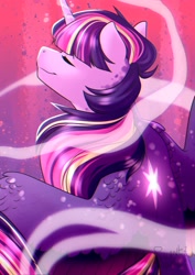 Size: 2480x3507 | Tagged: safe, artist:silentwolf-oficial, derpibooru import, part of a set, twilight sparkle, twilight sparkle (alicorn), alicorn, pony, abstract background, eyes closed, female, high res, mare, nose in the air, smiling, solo