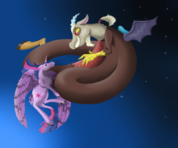 Size: 2325x1932 | Tagged: safe, artist:byemyfriends, derpibooru import, discord, twilight sparkle, twilight sparkle (alicorn), alicorn, draconequus, pony, duo, female, flying, grin, horn, male, mare, night, smiling, stars, wings