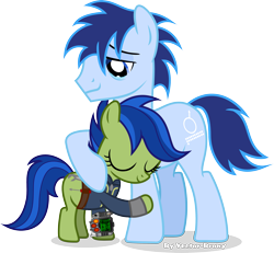 Size: 3367x3116 | Tagged: safe, artist:vector-brony, derpibooru import, oc, oc only, oc:p-21, oc:scotch tape, fallout equestria, fallout equestria: project horizons, crying, fanfic art, female, filly, hug, male, simple background, stallion, transparent background