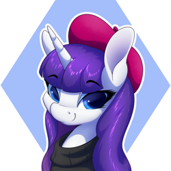 Size: 2600x2600 | Tagged: safe, artist:aquaticvibes, derpibooru import, rarity, pony, unicorn, alternate hairstyle, beatnik rarity, beret, bust, clothes, eyebrows, eyebrows visible through hair, female, hat, high res, looking at you, loose hair, mare, simple background, smiling, smiling at you, solo, sweater, white background, white outline