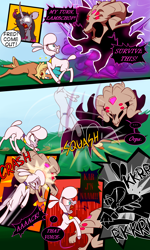 Size: 1700x2835 | Tagged: safe, artist:redahfuhrerking, derpibooru import, fhtng th§ ¿nsp§kbl, oleander, pom lamb, velvet reindeer, classical unicorn, sheep, unicorn, them's fightin' herds, cloven hooves, friendly fire, headbutt, leonine tail, realization, squashed