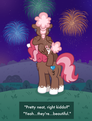 Size: 1900x2500 | Tagged: safe, artist:pink-pone, derpibooru import, oc, oc only, oc:ginger bread, oc:peppermint patty, pegasus, pony, female, filly, fireworks, mare