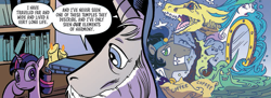 Size: 999x362 | Tagged: safe, artist:andypriceart, derpibooru import, idw, adagio dazzle, king sombra, princess celestia, queen chrysalis, star swirl the bearded, twilight sparkle, siren, unicorn, spoiler:comic, spoiler:comic100, comic, good king sombra, mirror, season 10