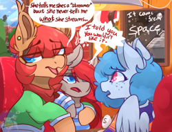 Size: 1212x926 | Tagged: safe, artist:drawtheuniverse, derpibooru import, oc, oc only, oc:ponepony, oc:scarlet topaz, earth pony, pegasus, annoyed, clothes, dialogue, ear fluff, ear piercing, earring, ears, eyeshadow, female, freckles, jewelry, makeup, mother and child, mother and daughter, parent and child, piercing, sweater