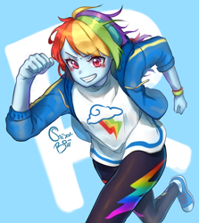 Size: 836x939 | Tagged: safe, artist:berty-kizu, derpibooru import, rainbow dash, better together, equestria girls, eyebrows, eyebrows visible through hair, female, grin, running, smiling, solo