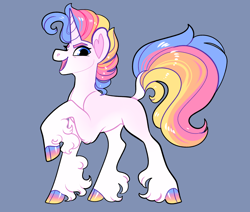 Size: 2600x2200 | Tagged: safe, artist:loryska, derpibooru import, oc, pony, unicorn, blue background, cloven hooves, female, magical lesbian spawn, mare, offspring, parent:pinkie pie, parent:vinyl scratch, parents:vinylpie, simple background, solo