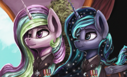 Size: 4881x2969 | Tagged: safe, artist:ryanmangaming, derpibooru import, princess celestia, princess luna, alicorn, equestria at war mod, clothes, detailed, duo, duo female, female, mare, military, military uniform, smiling, uniform