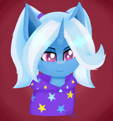 Size: 2414x2589 | Tagged: safe, artist:graphictoxin, derpibooru import, trixie, pony, unicorn, alternate hairstyle, babysitter trixie, bust, cheek fluff, clothes, cute, female, fluffy, hoodie, lineless, mare, portrait, red background, simple background, smiling, solo, stars