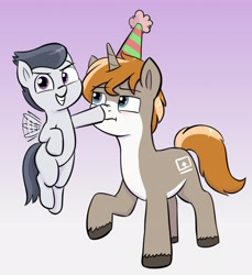 Size: 1980x2164 | Tagged: safe, artist:heretichesh, derpibooru import, rumble, oc, oc:itu, pegasus, pony, unicorn, birthday, blank flank, boop, colt, duo, flying, frown, gradient background, hat, looking at you, male, nose wrinkle, pale belly, party hat, smiling, smiling at you, stallion, unamused, unshorn fetlocks