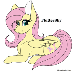 Size: 1885x1833 | Tagged: safe, artist:silenceshadowwolf, derpibooru import, fluttershy, pegasus, pony, eyelashes, female, lying down, mare, prone, simple background, solo, white background, wings