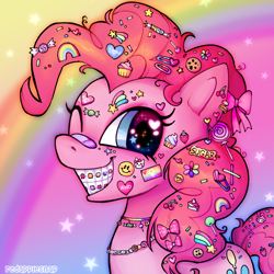 Size: 1000x1000 | Tagged: safe, artist:redapplesnap, derpibooru import, pinkie pie, earth pony, pony, bandaid, braces, jewelry, looking at you, necklace, one eye closed, smiling, smiling at you, solo, sticker, wink